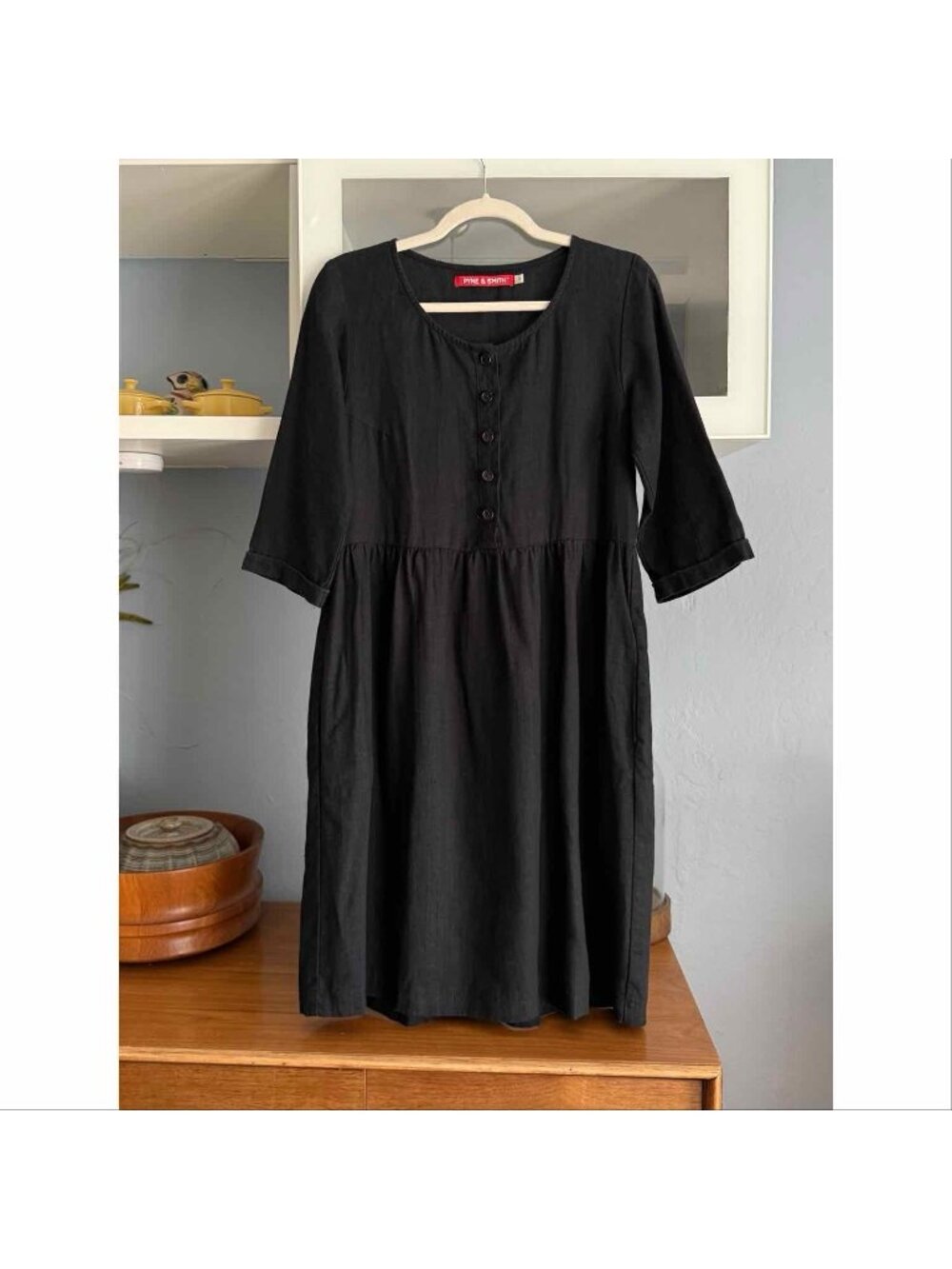Pyne & Smith Black Linen Midi Dress Minimalist Size S